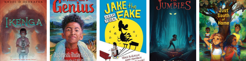 Middle grade books by Black authors: Ikenga, It Doesn't Take a Genius, Jake the Fake Keeps it Real, The Jumbies, Just South of Home